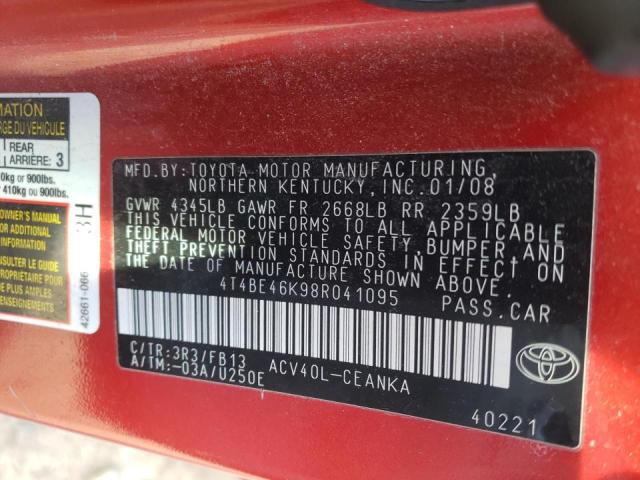 4T4BE46K98R041095 - 2008 TOYOTA CAMRY CE RED photo 10