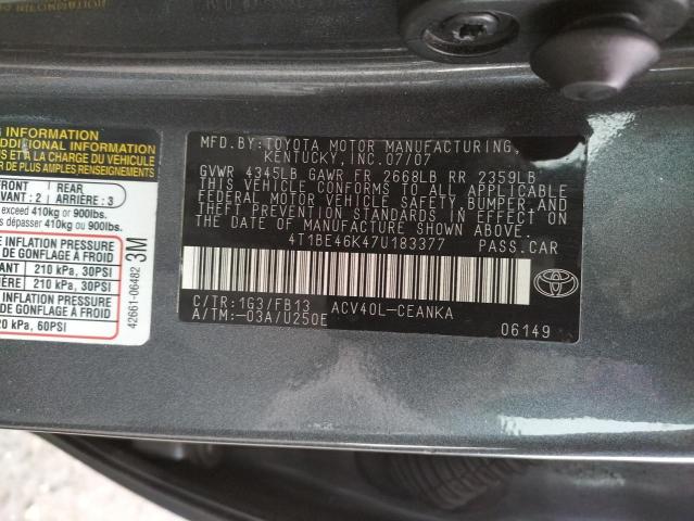 4T1BE46K47U183377 - 2007 TOYOTA CAMRY GRAY photo 10