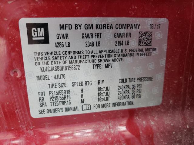 KL4CJASB0HB156872 - 2017 BUICK ENCORE PRE RED photo 10