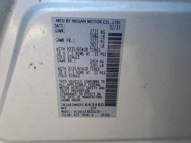 5N1AR2MN0FC643480 - 2015 NISSAN PATHFINDER SILVER photo 14