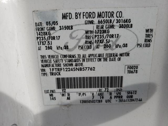 1FTRF12245NB57762 - 2005 FORD F-150 WHITE photo 12