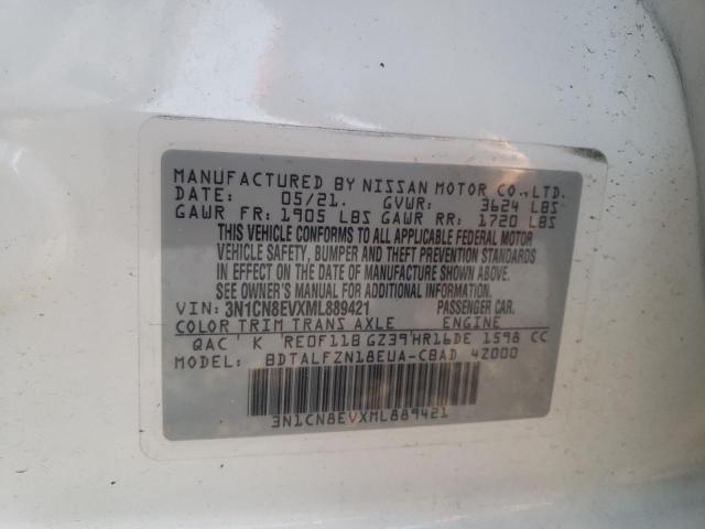 3N1CN8EVXML889421 - 2021 NISSAN VERSA SV WHITE photo 10