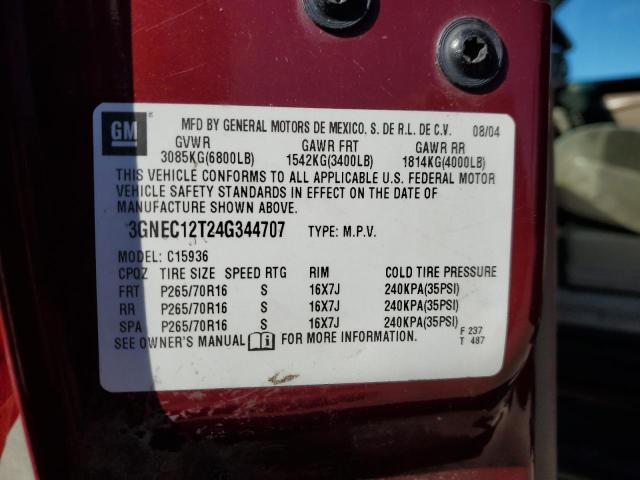 3GNEC12T24G344707 - 2004 CHEVROLET AVALANCHE RED photo 12