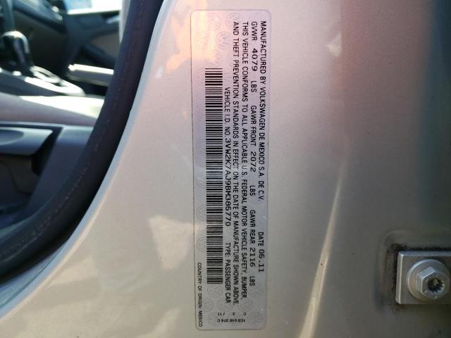 3VW2K7AJ9BM385770 - 2011 VOLKSWAGEN JETTA BASE 银色 照片 10