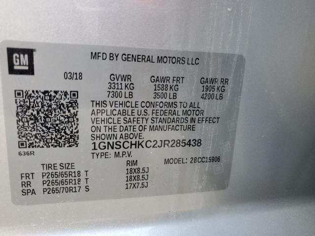 1GNSCHKC2JR285438 - 2018 CHEVROLET SUBURBAN C SILVER photo 13