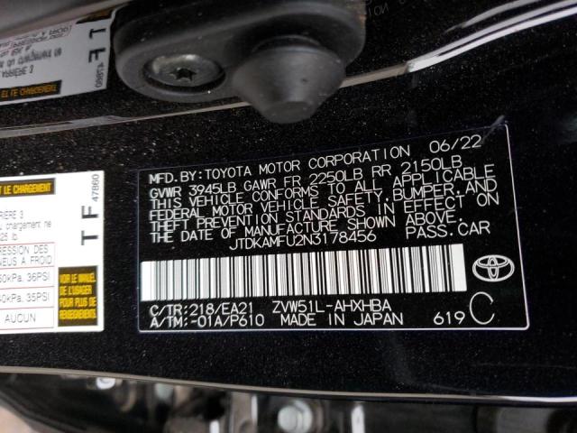 JTDKAMFU2N3178456 - 2022 TOYOTA PRIUS NIGH BLACK photo 12