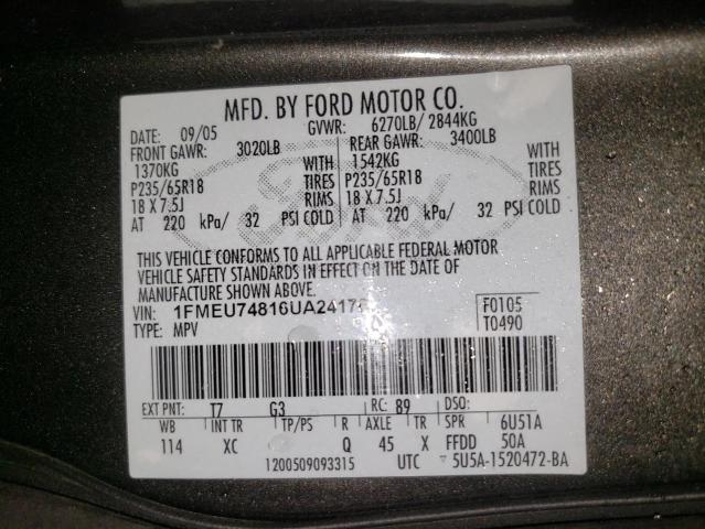 1FMEU74816UA24176 - 2006 FORD EXPLORER E CHARCOAL photo 10