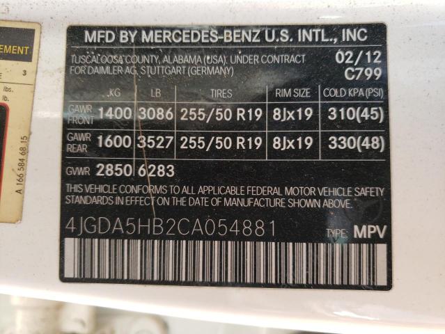 4JGDA5HB2CA054881 - 2012 MERCEDES-BENZ ML 350 4MA WHITE photo 10