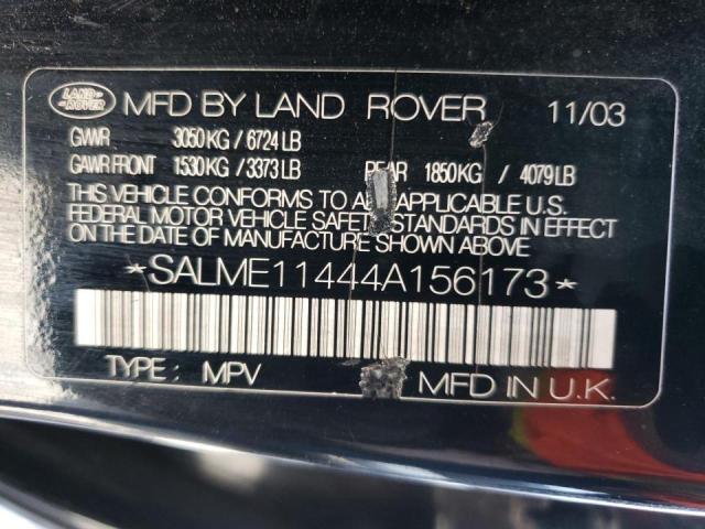 SALME11444A156173 - 2004 LAND ROVER RANGE ROVE BLACK photo 10