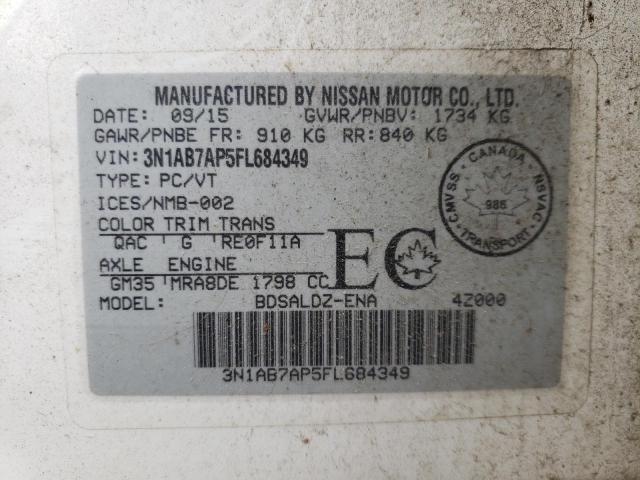 3N1AB7AP5FL684349 - 2015 NISSAN SENTRA S WHITE photo 10