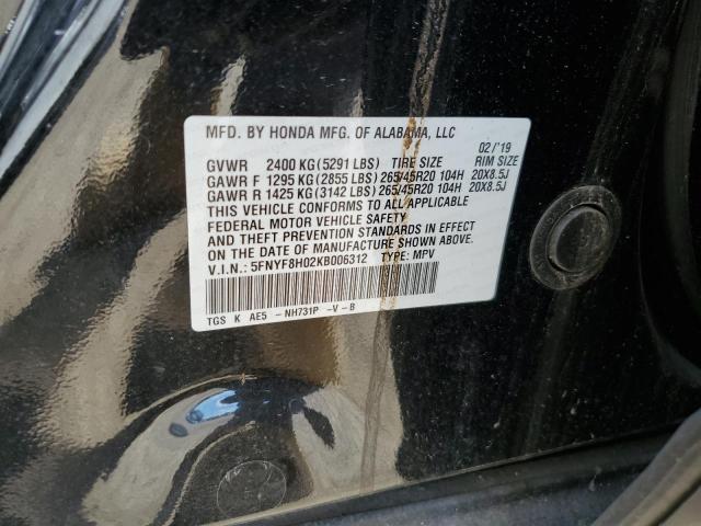 5FNYF8H02KB006312 - 2019 HONDA PASSPORT E 黑色 照片 12