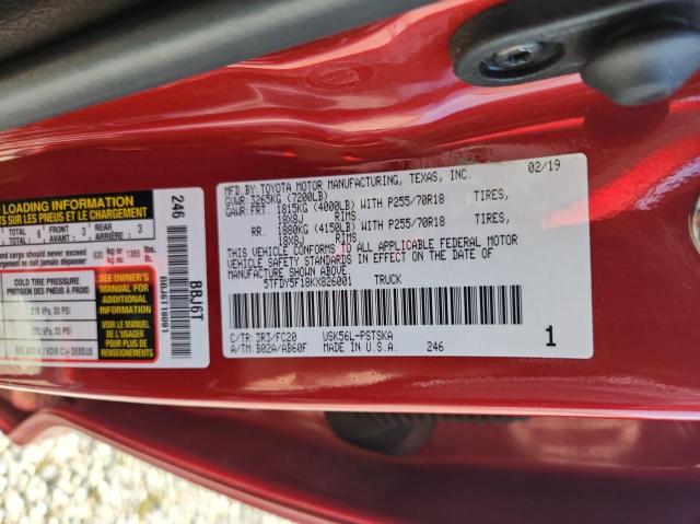 5TFDY5F18KX826001 - 2019 TOYOTA TUNDRA CRE RED photo 10