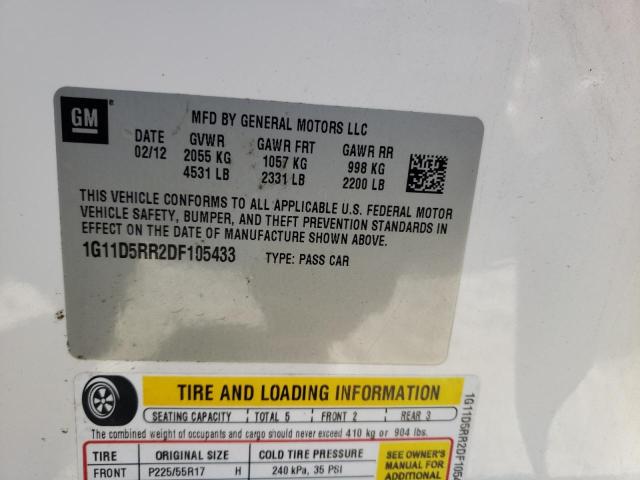 1G11D5RR2DF105433 - 2013 CHEVROLET MALIBU 1LT თეთრი ფოტო 12