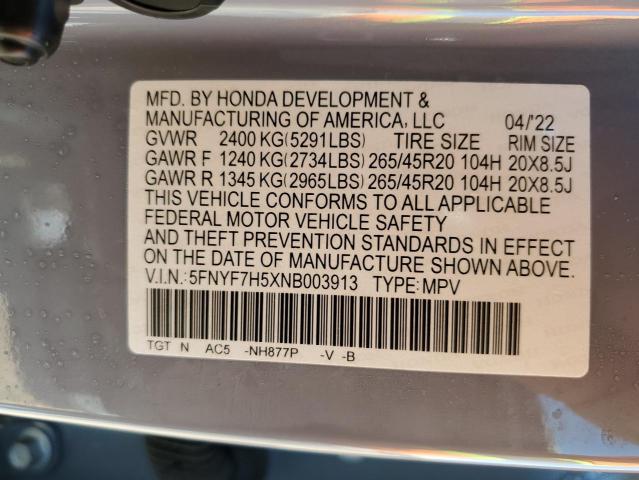 5FNYF7H5XNB003913 - 2022 HONDA PASSPORT E 蓝色 照片 13