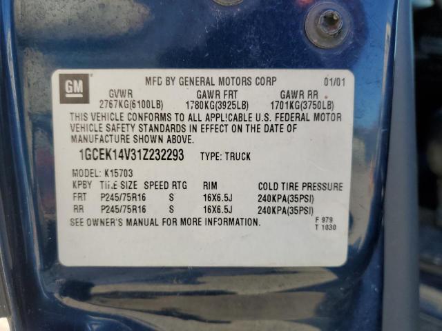 1GCEK14V31Z232293 - 2001 CHEVROLET SILVRDO LS BLUE photo 12