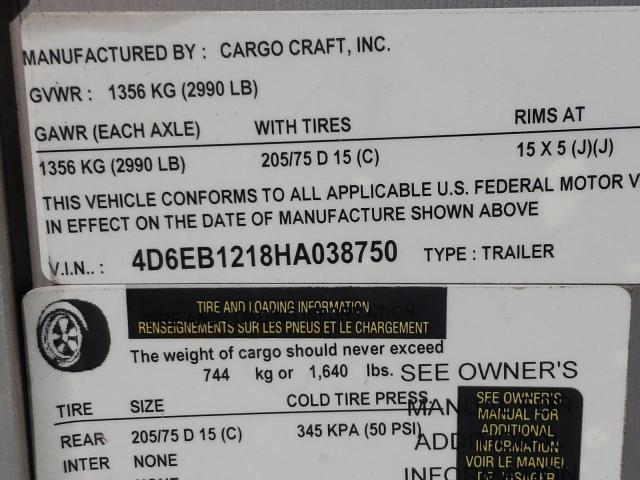 4D6EB1218HA038750 - 2017 CARGO 6X12 TRAIL SILVER photo 10