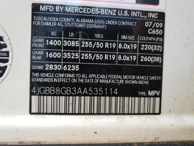 4JGBB8GB3AA535114 - 2010 MERCEDES-BENZ ML 350 4MA WHITE photo 12