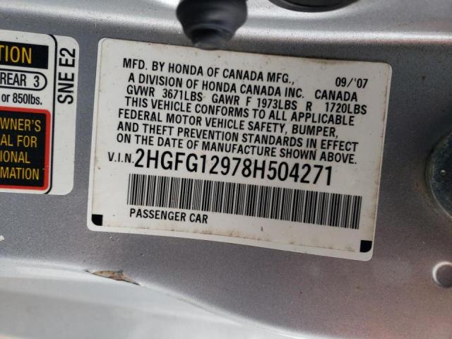 2HGFG12978H504271 - 2008 HONDA CIVIC EXL Gümüş foto 10