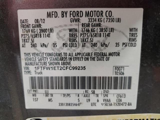 1FTFW1ET2CFC99235 - 2012 FORD F150 SUPER GRAY photo 12