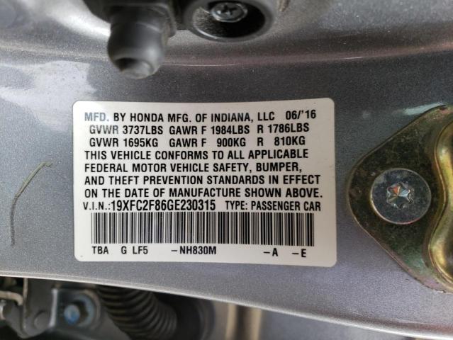 19XFC2F86GE230315 - 2016 HONDA CIVIC EX SILVER photo 10