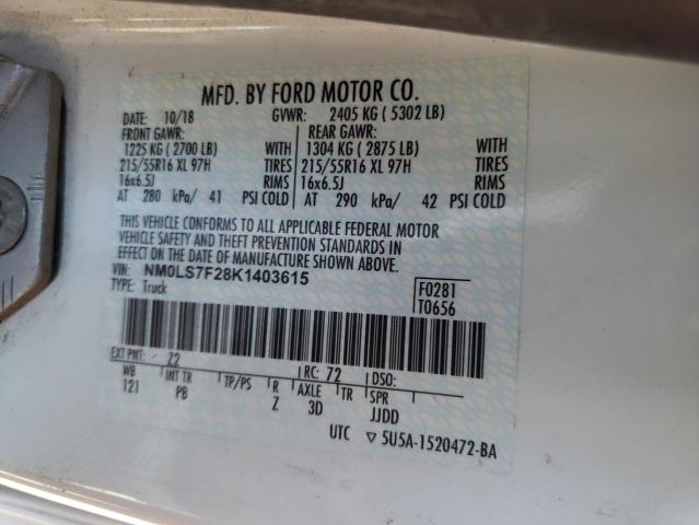 NM0LS7F28K1403615 - 2019 FORD TRANSIT CO WHITE photo 13