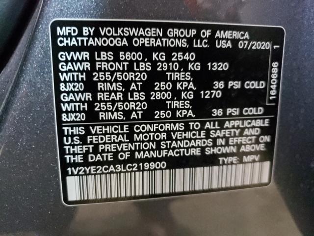 1V2YE2CA3LC219900 - 2020 VOLKSWAGEN ATLAS CROS Графитовый фото 10