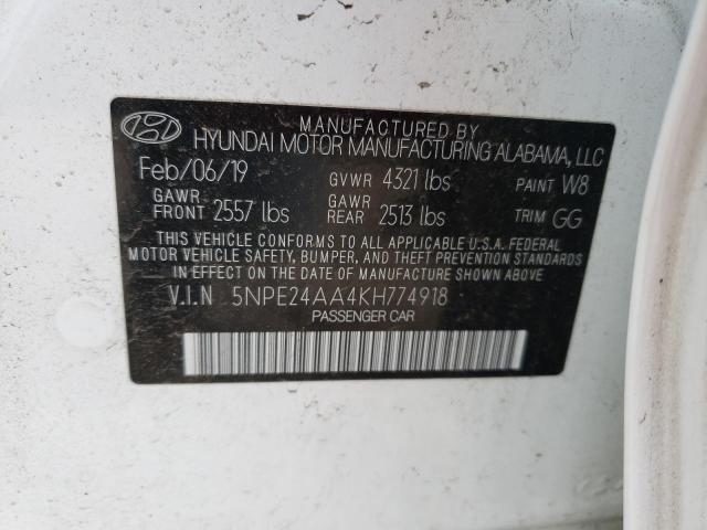 5NPE24AA4KH774918 - 2019 HYUNDAI SONATA ECO WHITE photo 13