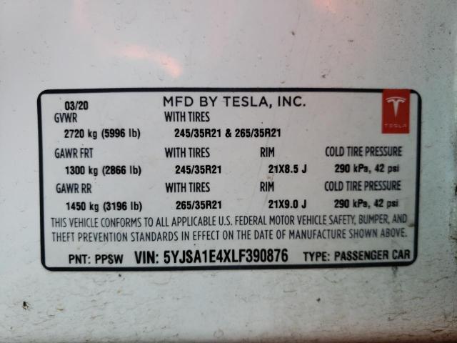 5YJSA1E4XLF390876 - 2020 TESLA MODEL S Սպիտակ լուսանկար 10