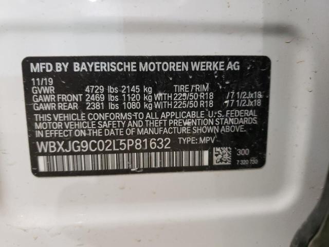 WBXJG9C02L5P81632 - 2020 BMW X1 XDRIVE2 WHITE photo 10