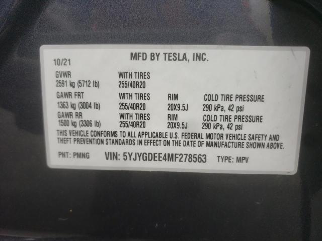 5YJYGDEE4MF278563 - 2021 TESLA MODEL Y رمادي صورة 10