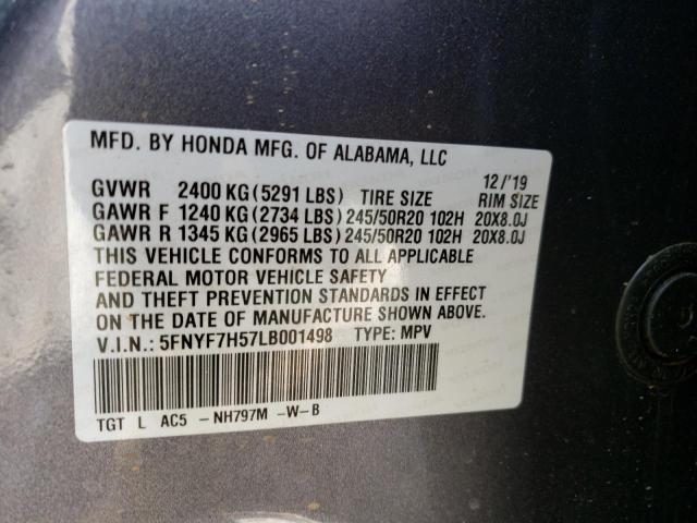 5FNYF7H57LB001498 - 2020 HONDA PASSPORT E GRAY photo 10