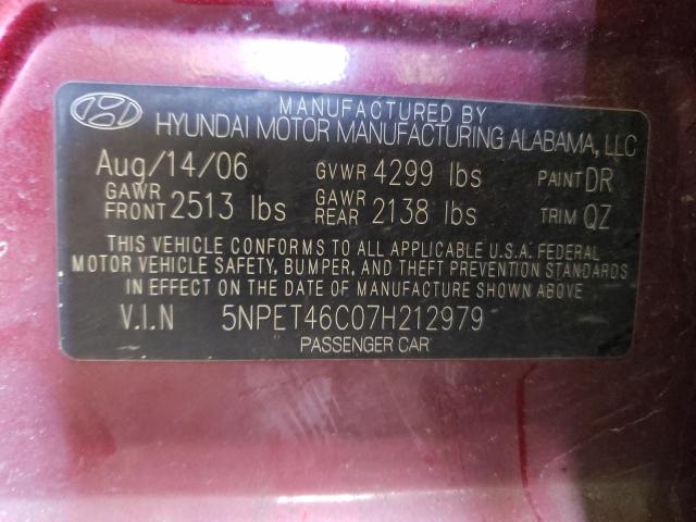 5NPET46C07H212979 - 2007 HYUNDAI SONATA GLS BURGUNDY photo 10