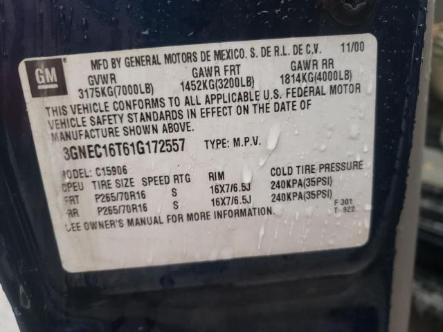 3GNEC16T61G172557 - 2001 CHEVROLET SUBURBAN BLUE photo 10