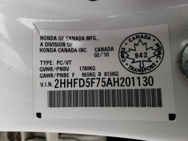 2HHFD5F75AH201130 - 2010 ACURA CSX TECHNO WHITE photo 10