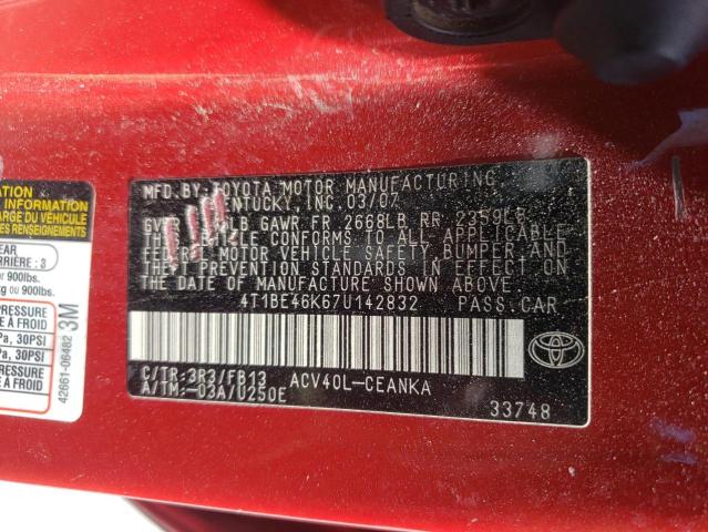 4T1BE46K67U142832 - 2007 TOYOTA CAMRY CE RED photo 10