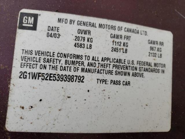 2G1WF52E539398792 - 2003 CHEVROLET IMPALA BURGUNDY photo 10