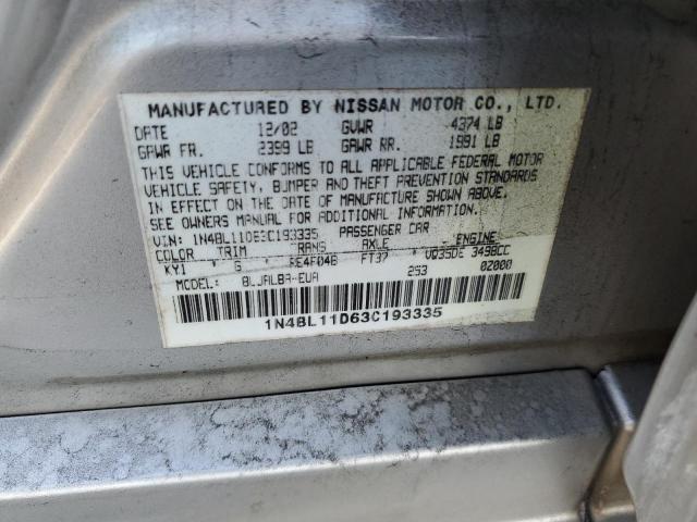 1N4BL11G63C193335 - 2003 NISSAN ALTIMA SILVER photo 12