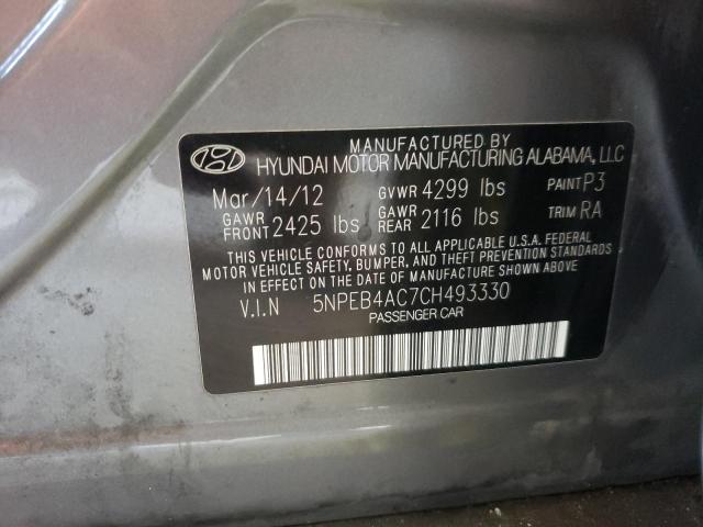 5NPEB4AC7CH493330 - 2012 HYUNDAI SONATA GLS GRAY photo 10