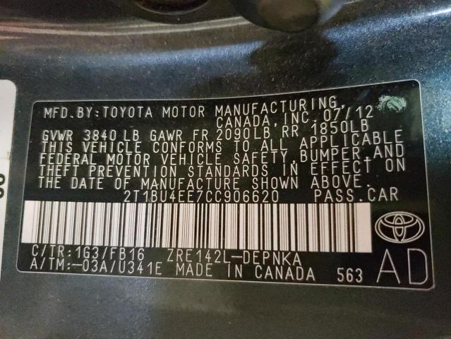 2T1BU4EE7CC906620 - 2012 TOYOTA COROLLA BA GRAY photo 12