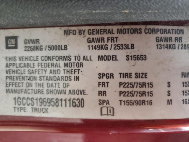 1GCCS196958111630 - 2005 CHEVROLET COLORADO MAROON photo 10