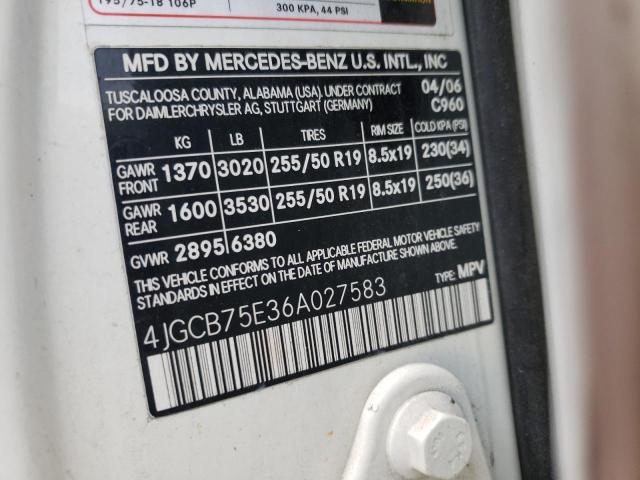 4JGCB75E36A027583 - 2006 MERCEDES-BENZ R 500 WHITE photo 13