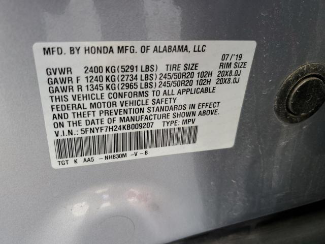 5FNYF7H24KB009207 - 2019 HONDA PASSPORT S SILVER photo 13