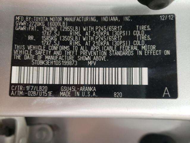 5TDBK3EH1DS199873 - 2013 TOYOTA HIGHLANDER فضي صورة 14