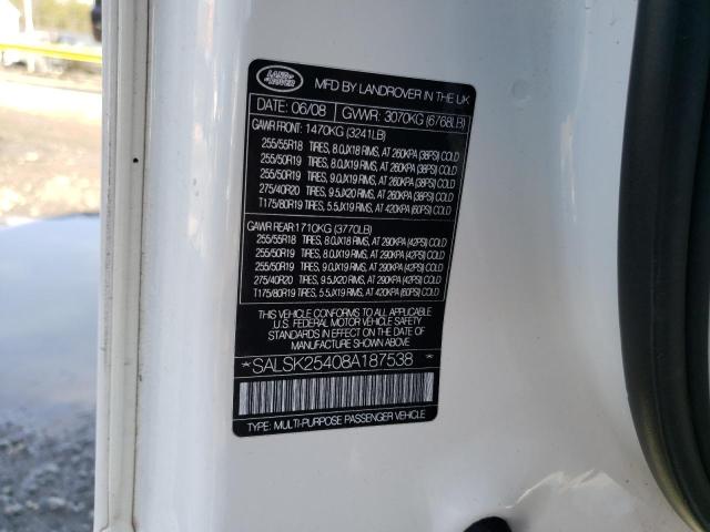 SALSK25408A187538 - 2008 LAND ROVER RANGE ROVE WHITE photo 13