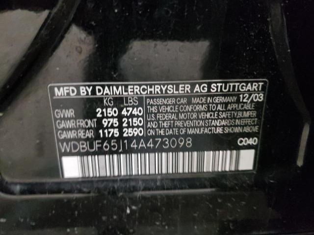 WDBUF65J14A473098 - 2004 MERCEDES-BENZ E 320 BLACK photo 10