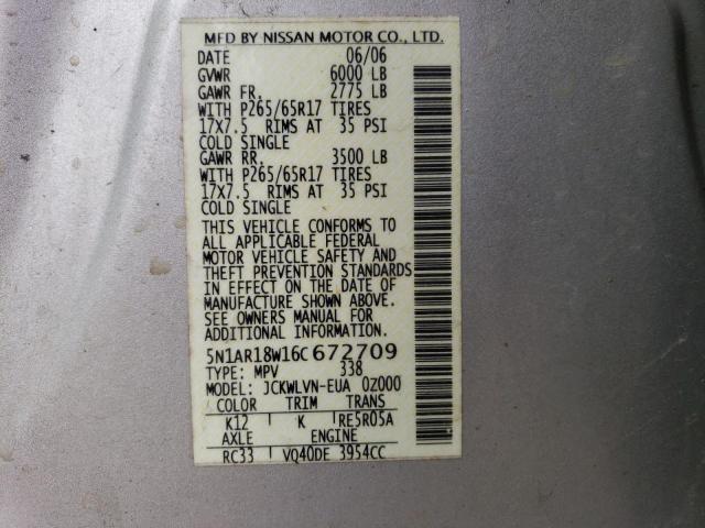 5N1AR18W16C672709 - 2006 NISSAN PATHFINDER ვერცხლისფერი ფოტო 13
