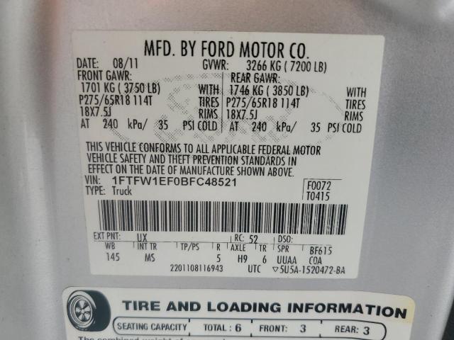 1FTFW1EF0BFC48521 - 2011 FORD F150 SUPER GRAY photo 12