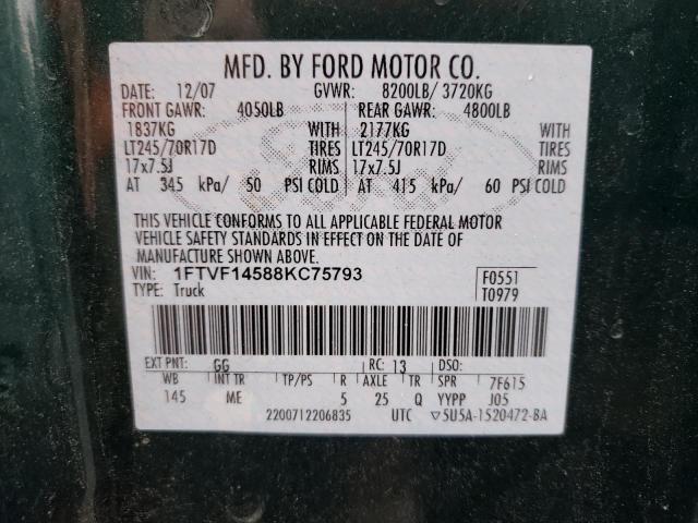 1FTVF14588KC75793 - 2008 FORD F150 GREEN photo 12