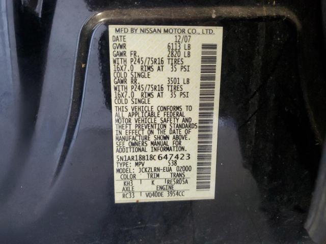 5N1AR18B18C647423 - 2008 NISSAN PATHFINDER BLACK photo 13