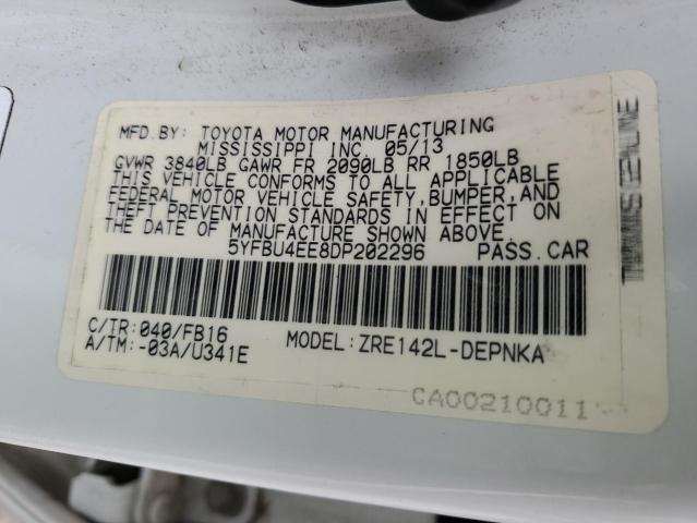 5YFBU4EE8DP202296 - 2013 TOYOTA COROLLA BA WHITE photo 12